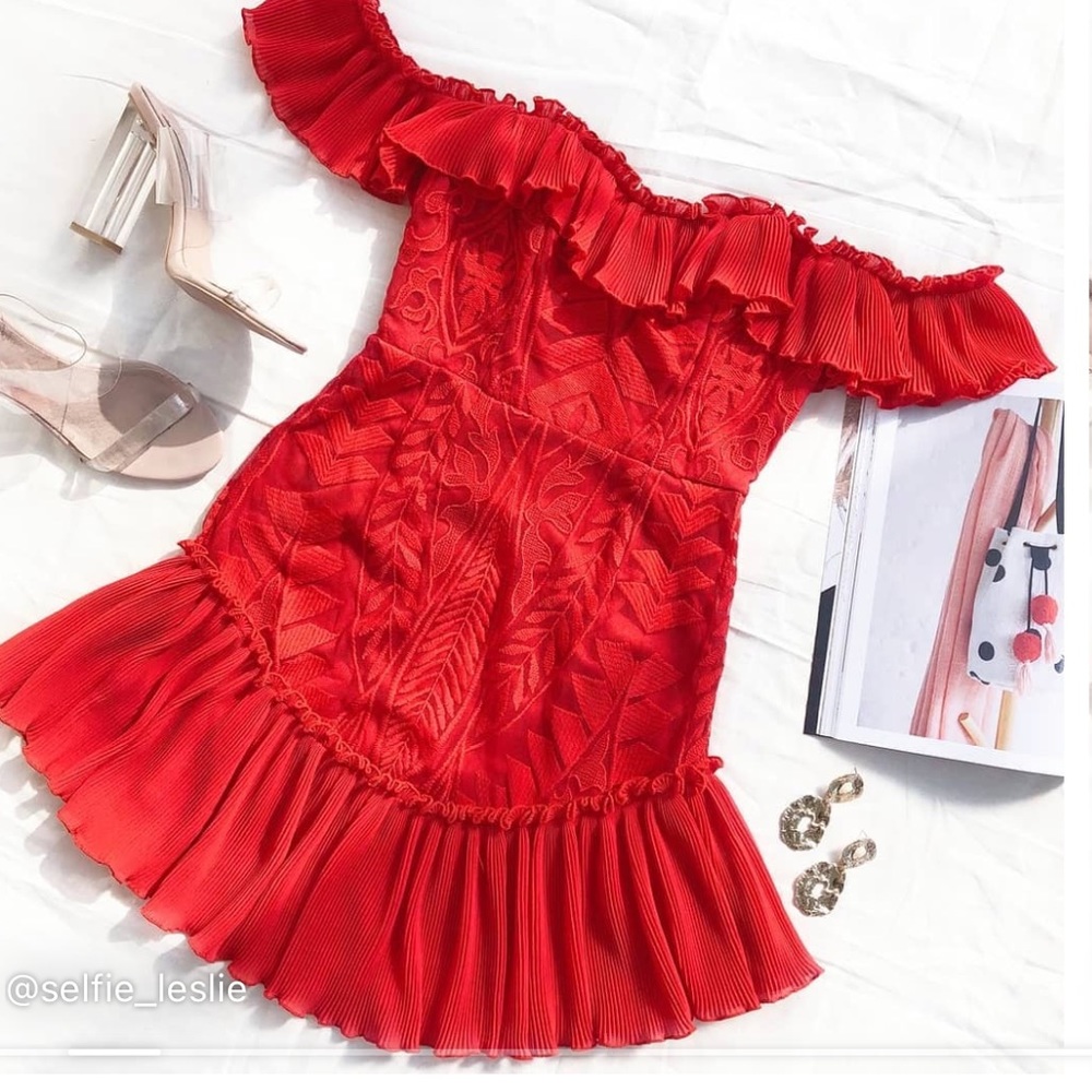 Red saints and secrets lace detail dress